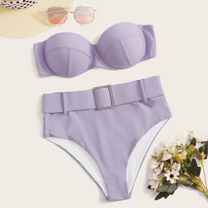 

Underwire Belted High Waist Bikini Swimsuit, Lilac purple