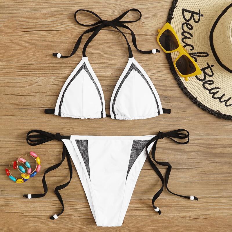 

Contrast Mesh Triangle Top With Tie Side Bikini, White