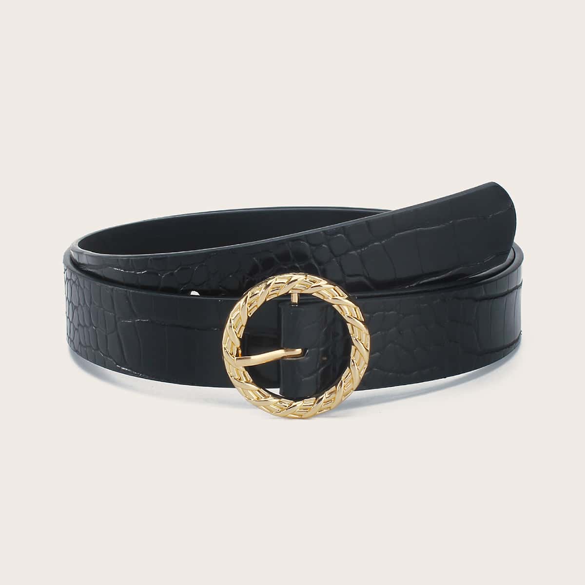 

Crocodile Pattern Round Buckle Belt, Black