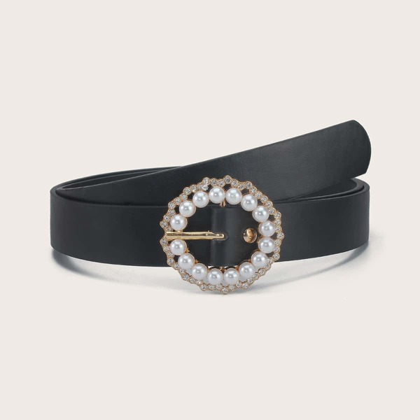 

Rhinestone Engraved Faux Pearl Buckle Belt, Black