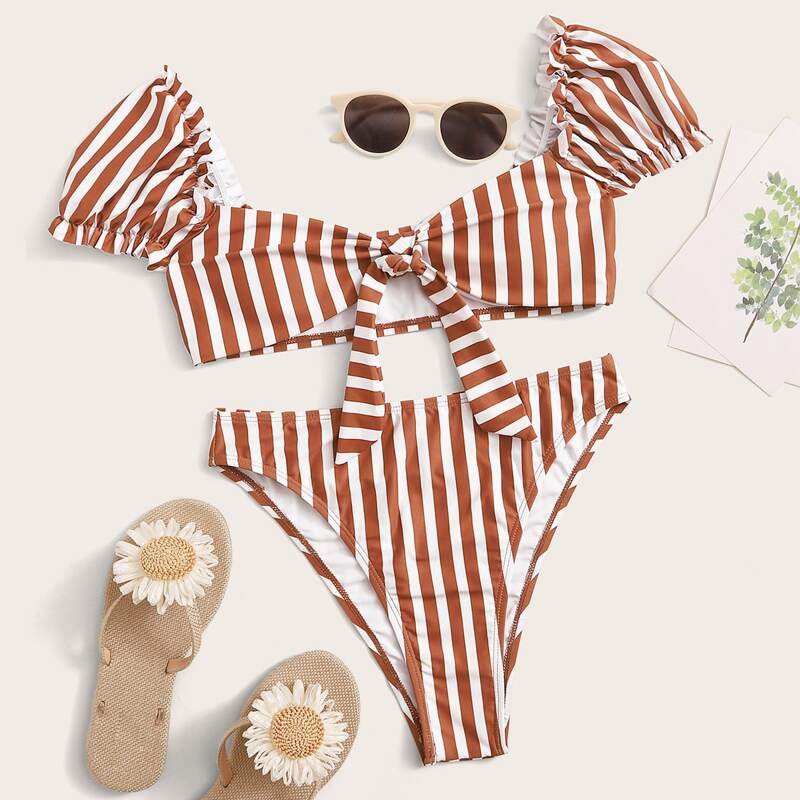 

Striped Knot Front Frill Trim High Cut Bikini Swimsuit, Multicolor