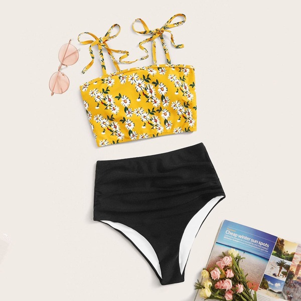 

Floral Random Print Top With High Waist Bikini, Multicolor
