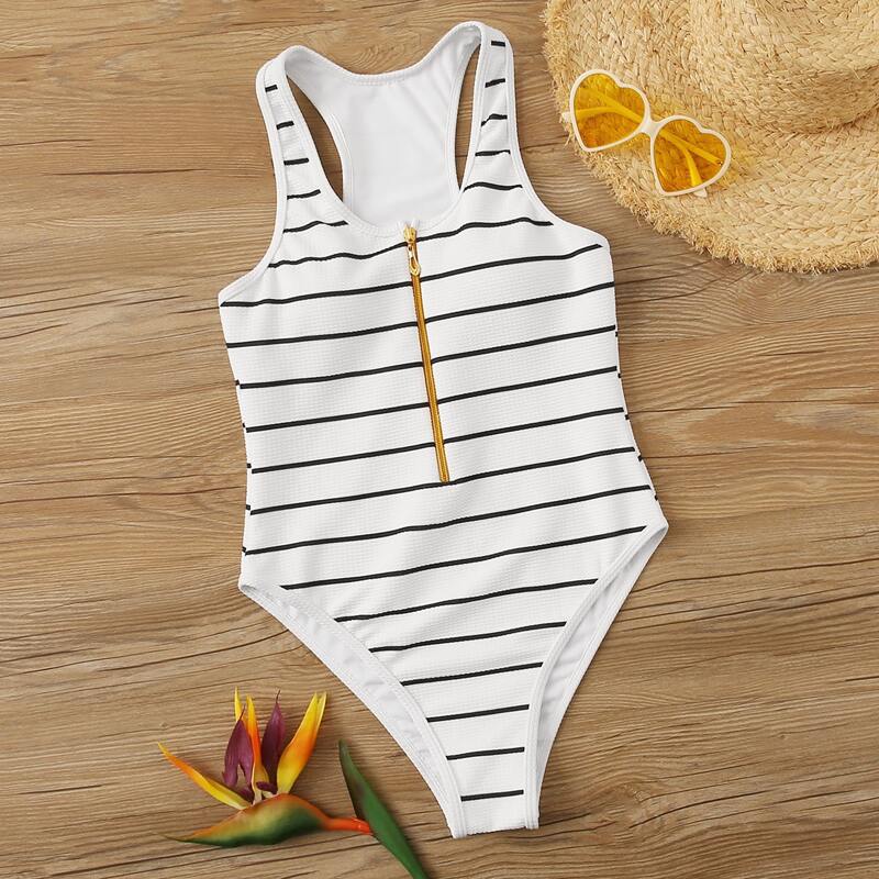

Textured Striped Zipper Front One Piece Swimwear, Black and white