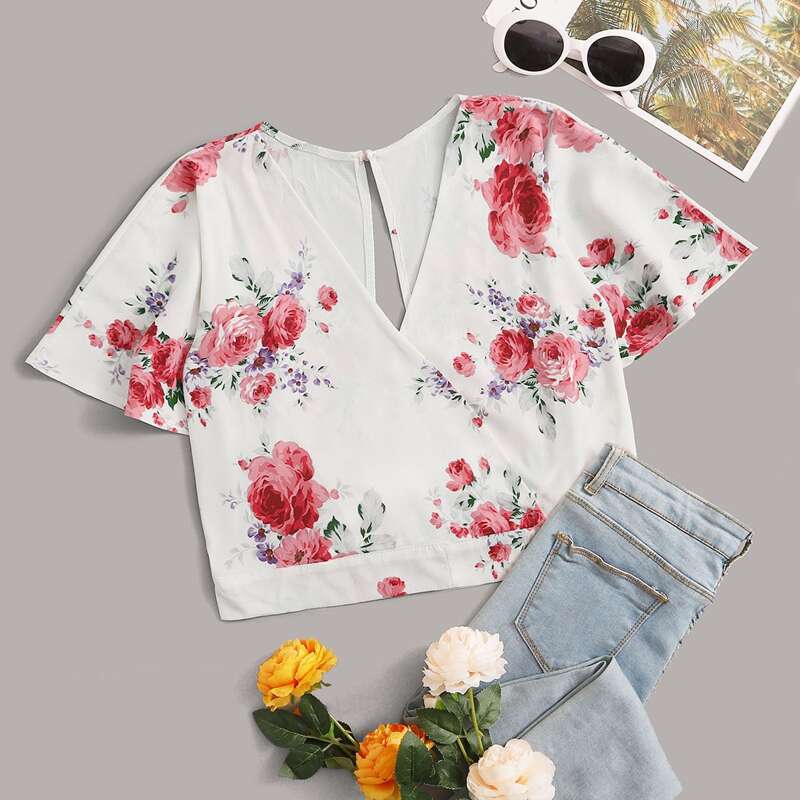 

Slit Back Surplice Floral Blouse, Multicolor