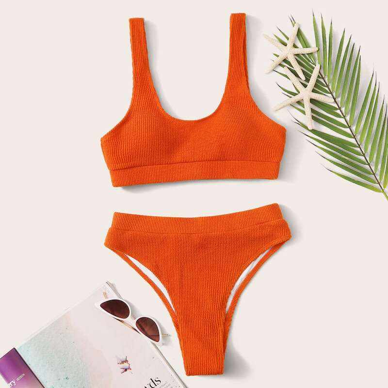 

Textured High Cut Bikini Swimsuit, Orange