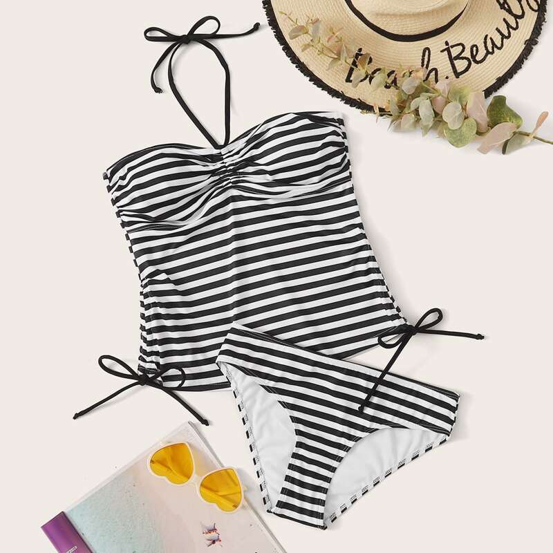 

Striped Halter Top With Panty Tankini, Black and white