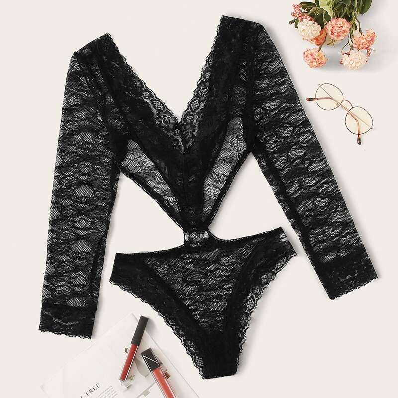 

Ring Linked Floral Lace Long Sleeve Teddy Bodysuit, Black