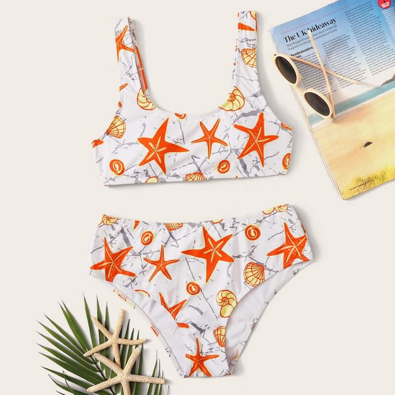 

Starfish & Shell Random Print Bikini Set, Multicolor