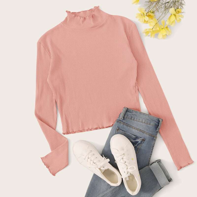 

Mock Neck Ribbed Pink Tee