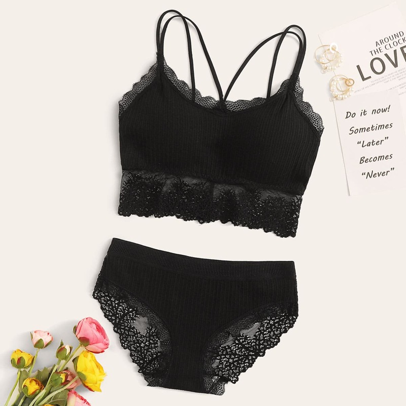 

Contrast Lace Ribbed Lingerie Set, Black