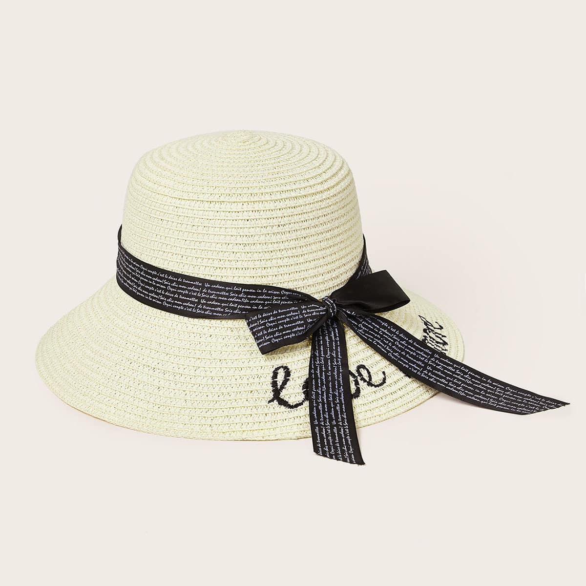 

Letter Embroidery & Bow Knot Decor Straw Hat, Beige
