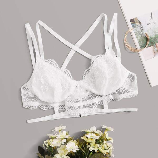 

Floral Lace Harness Bralette, White
