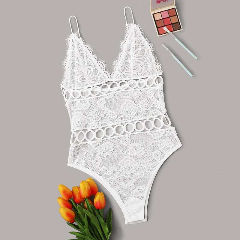 

Circle Cutout Floral Lace Teddy Bodysuit, White