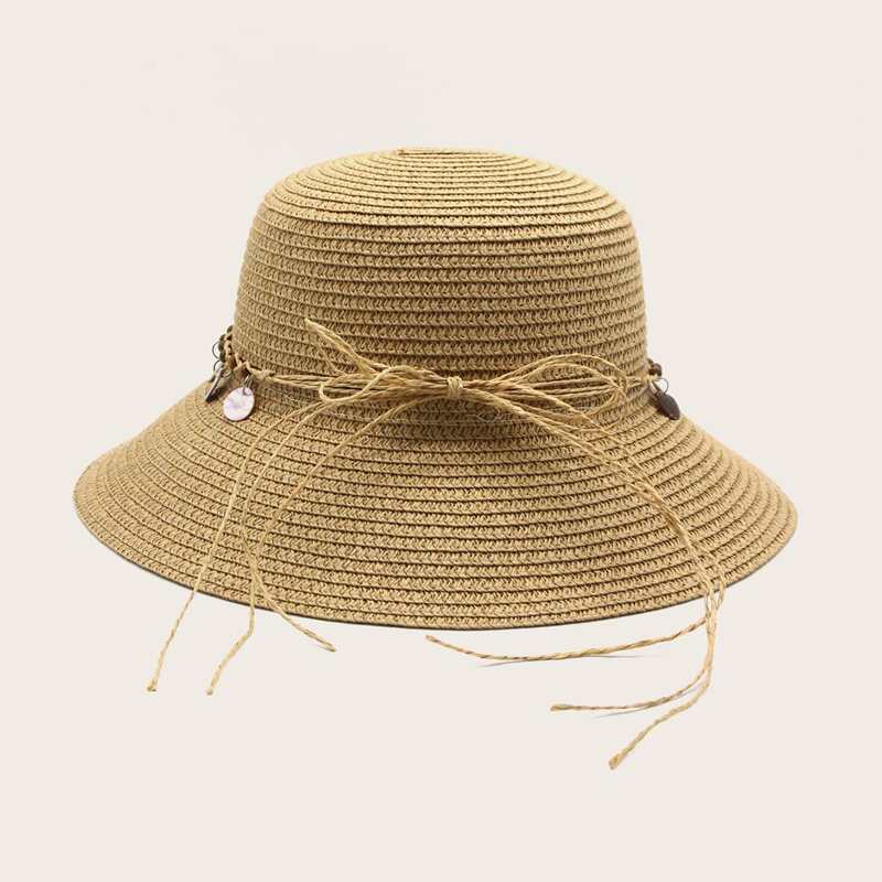 

Round Shell Decor Straw Hat, Khaki