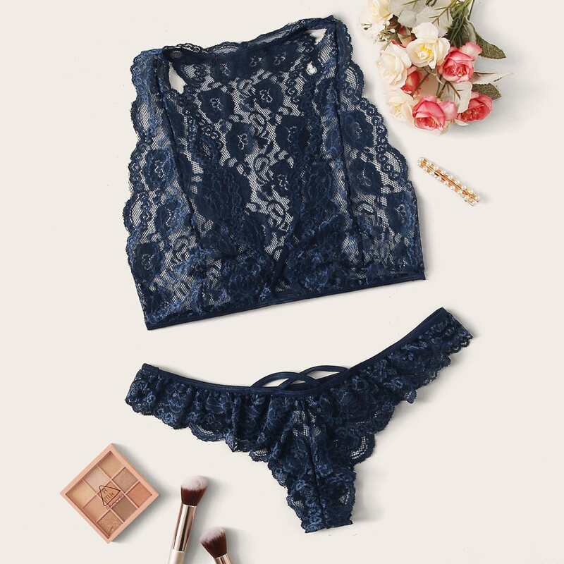 

Scallop Floral Lace Lingerie Set, Navy