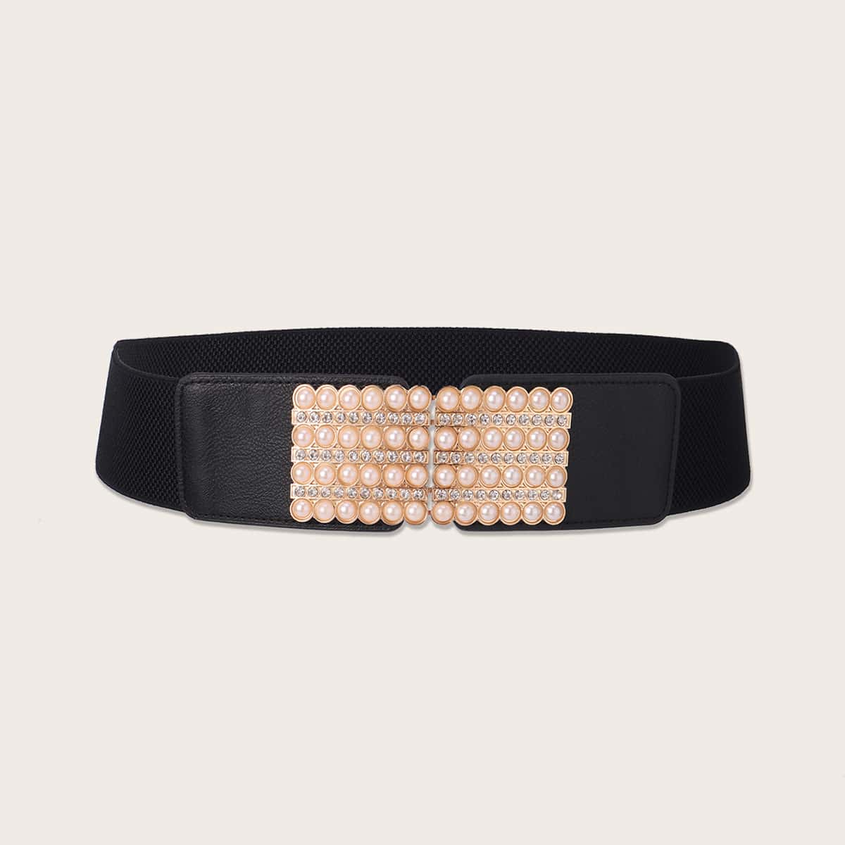 

Rhinestone Engraved Faux Pearl Buckle Wide Belt, Black