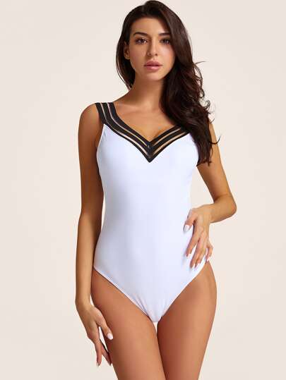 Contrast Mesh Criss Cross One Piece Swimwear