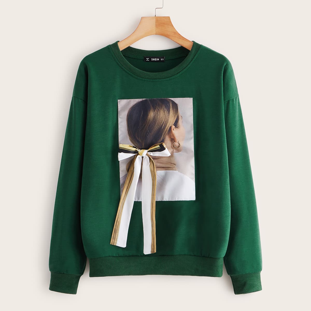 

Figure Patch Bow Front Pullover, Green