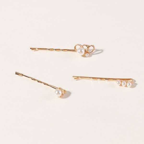 

3pcs Metallic Faux Pearl Hair Clip, Gold