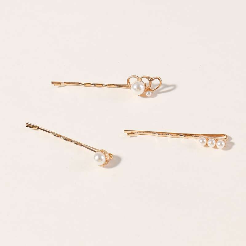 

3pcs Metallic Faux Pearl Hair Clip, Gold