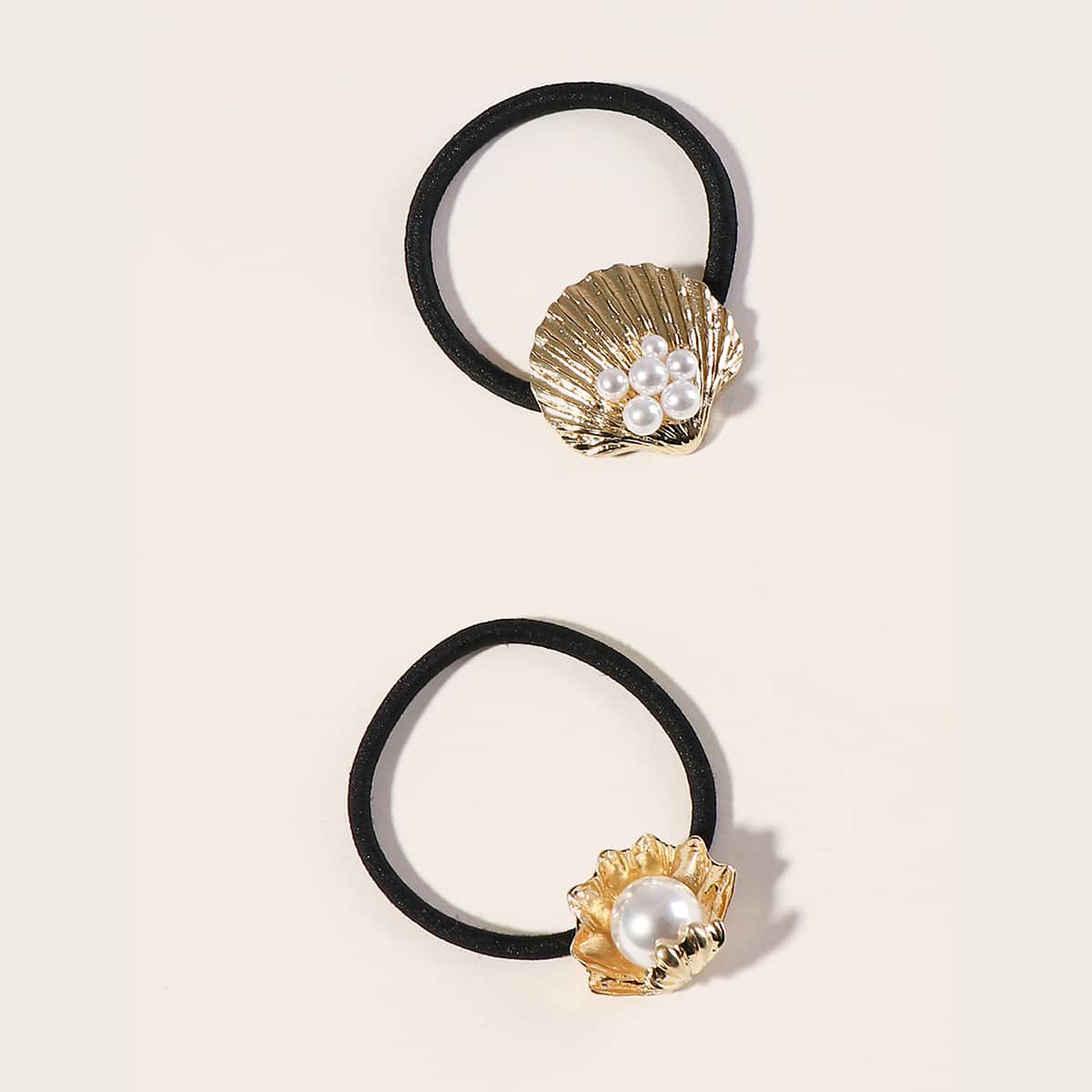 

2pcs Faux Pearl & Shell Decor Hair Tie, Multicolor