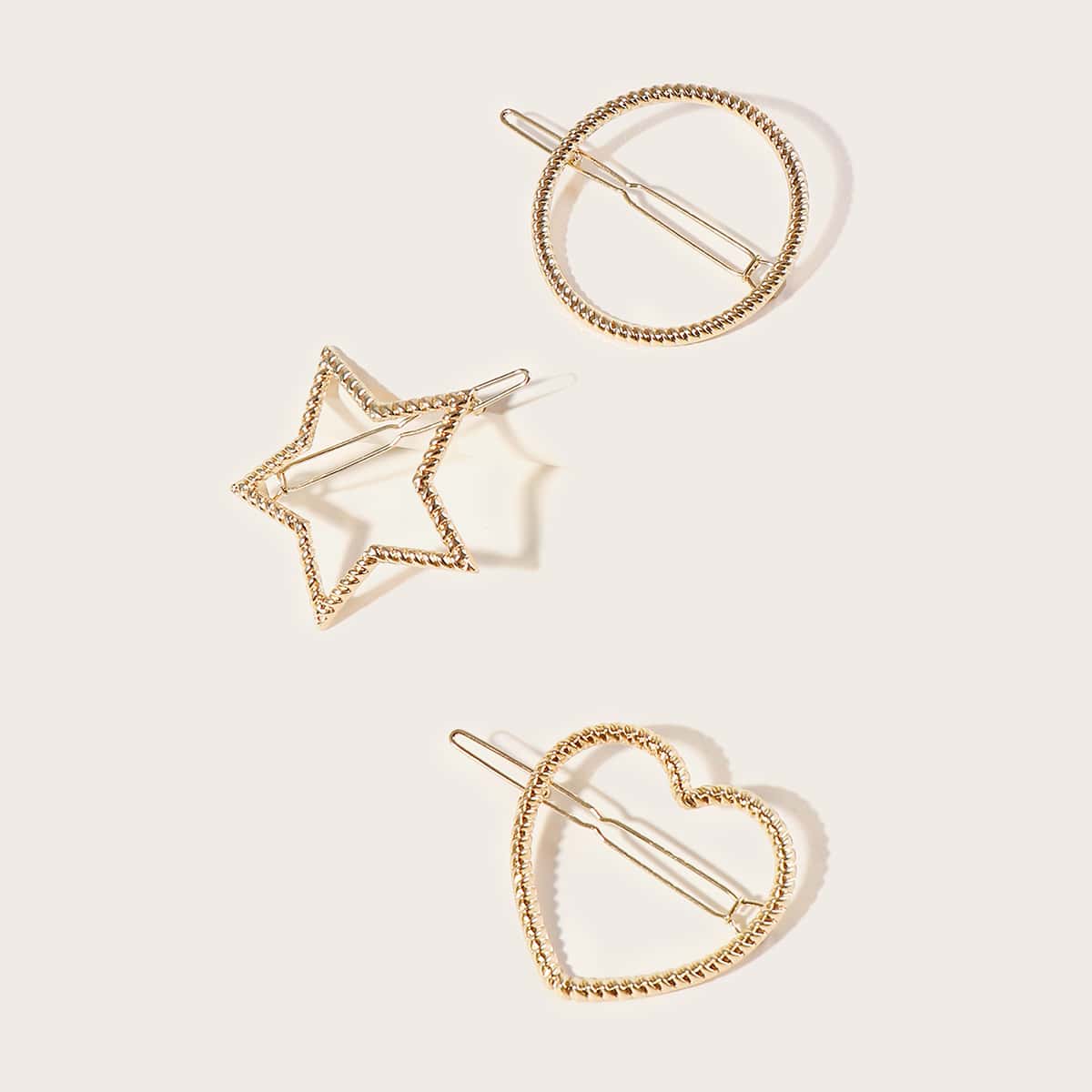 

3pcs Textured Heart & Star Design Hair Clip, Gold