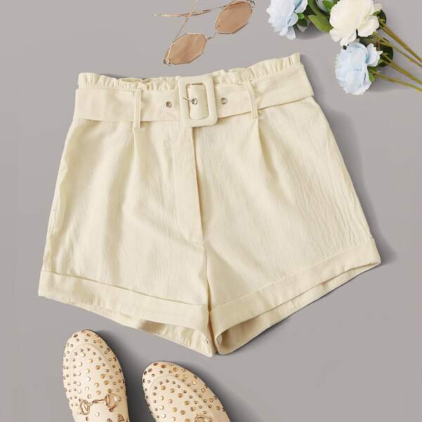 

Paperbag Waist Belted Cuffed Shorts, Beige