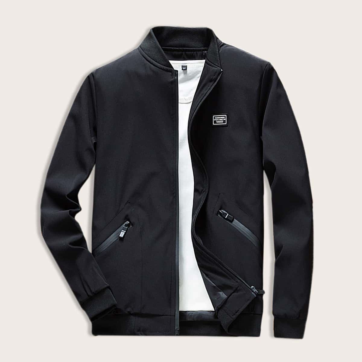 

Guys Letter Patched Zip Through Jacket, Black