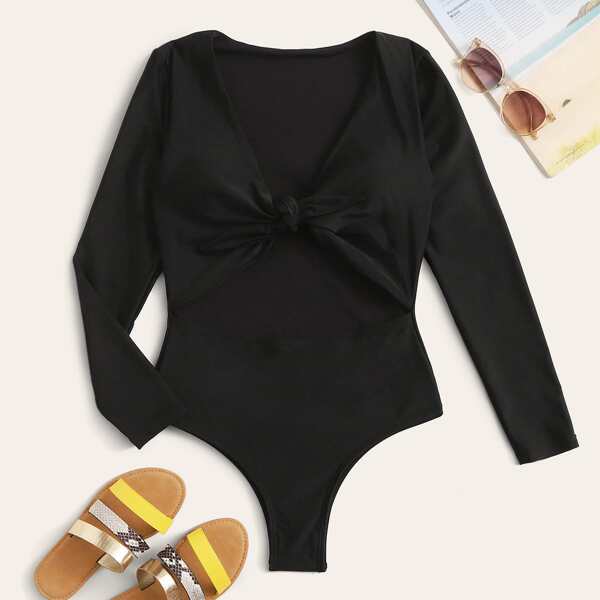 

Knot Front Long Sleeve One Piece Swimwear, Black