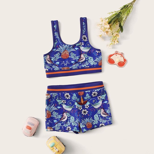 

Girls Floral Print Top With Shorts Bikini Set, Blue