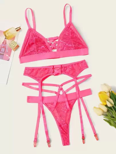 Our Neon Pink Floral Lace Harness Garter Lingerie Set is such a vibe