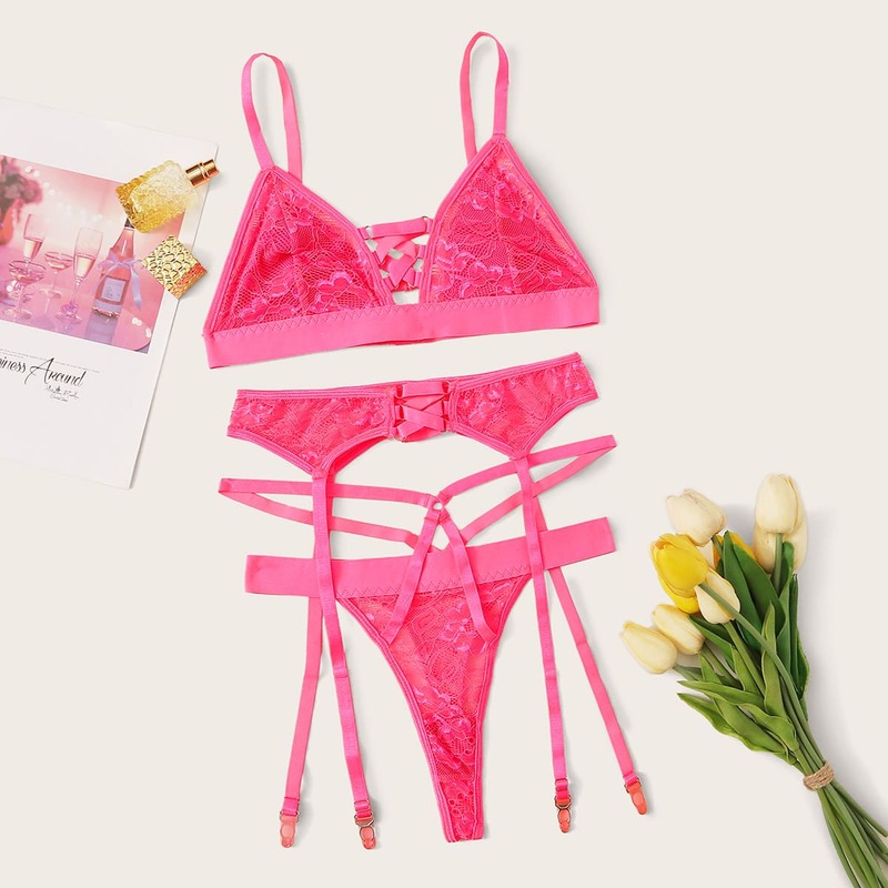 

Neon Pink Floral Lace Harness Garter Lingerie Set, Pink bright