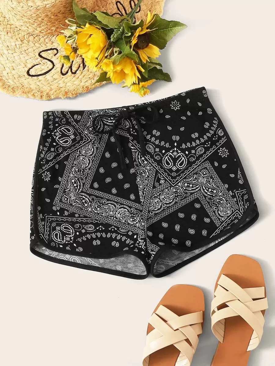 SHEIN EZwear Paisley Print Drawstring Runner Shorts - Black and White - View 1