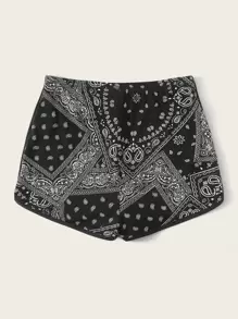 SHEIN EZwear Paisley Print Drawstring Runner Shorts - Black and White - View 2