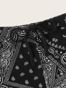SHEIN EZwear Paisley Print Drawstring Runner Shorts - Black and White - View 3