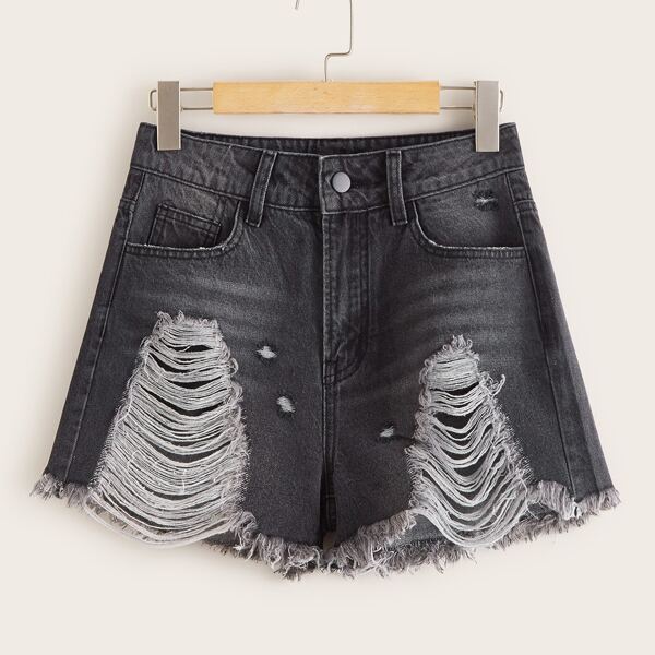 

Raw Hem Ripped Detail Denim Shorts, Grey