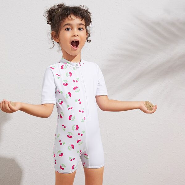 

Toddler Girls Cherry Print Zipper Front One Piece Swimwear, White