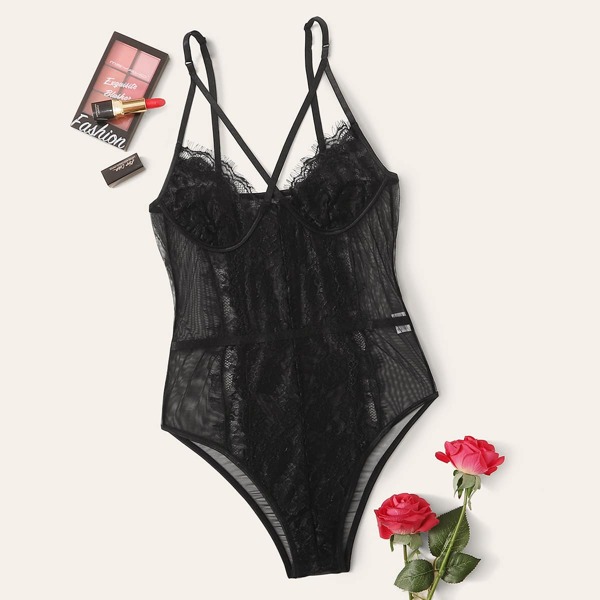 

Eyelash Lace Harness Teddy Bodysuit, Black