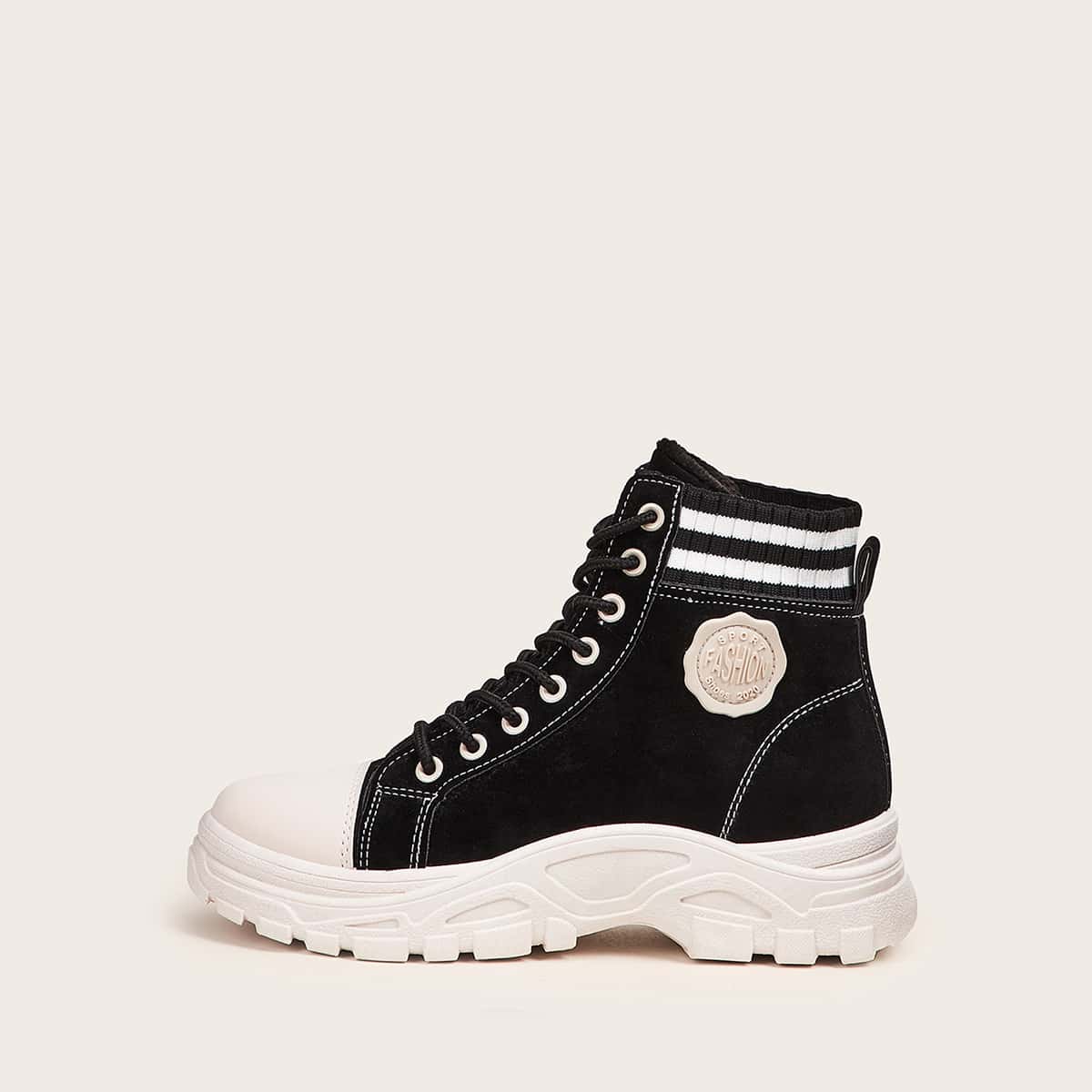 

Striped Lace-up Front Chunky Boots, Black and white