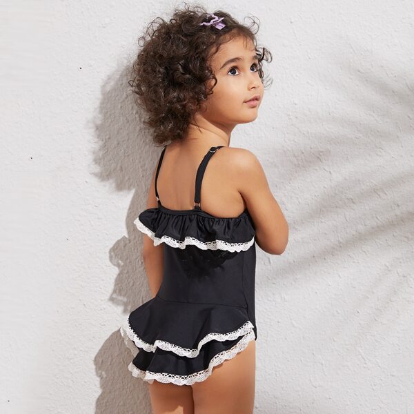 

Girls Lace Trim Tiered Layer One Piece Swimwear, Black