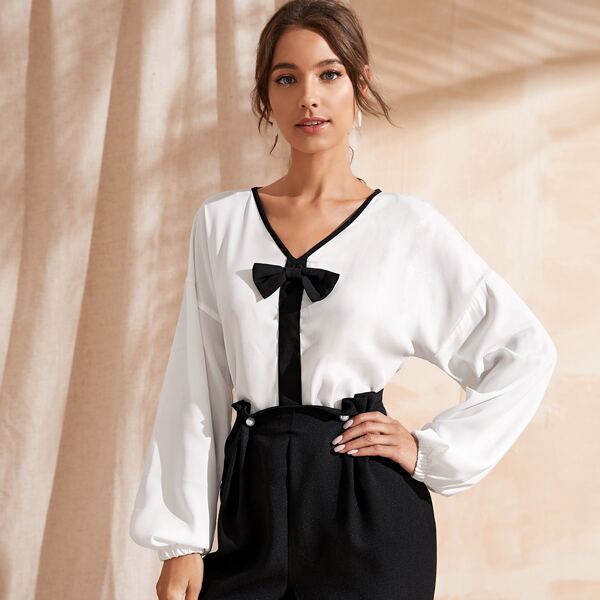 

V-neck Bow Front Bishop Sleeve Blouse, White