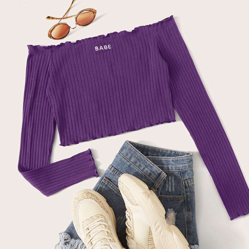 

Off Shoulder Lettuce Trim Letter Embroidery Top, Violet purple