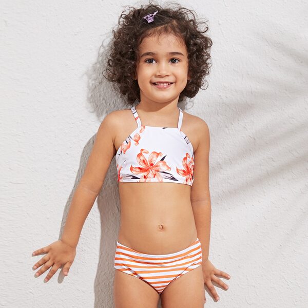 

Girls Striped & Floral Print Bikini Set, Multicolor