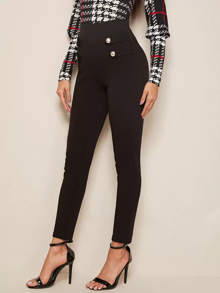 SHEIN Privé Button Strap Detail Skinny Trousers - Black - View 1