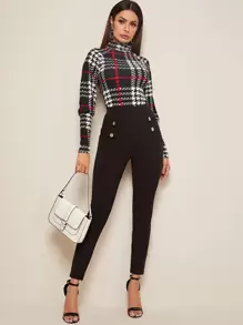 SHEIN Privé Button Strap Detail Skinny Trousers - Black - View 4