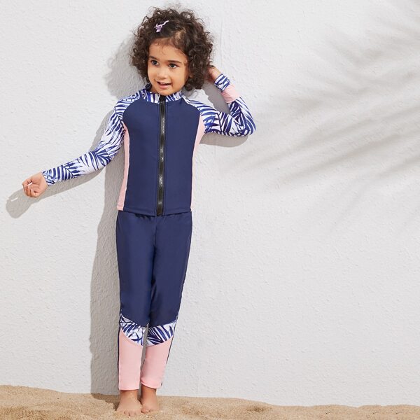 

Girls Palm Print Zipper Front Long Sleeve 2pcs Swimsuit, Navy