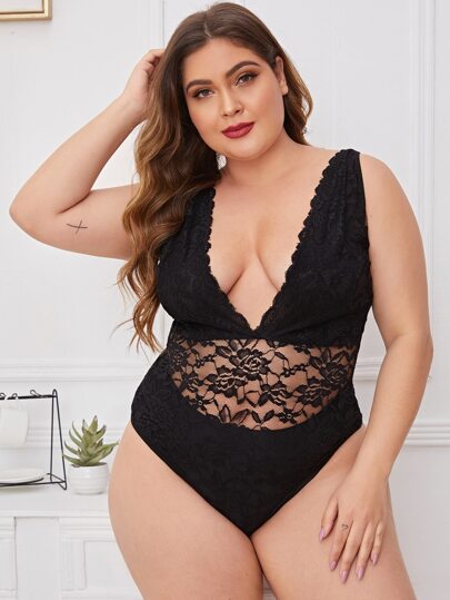 Plus Floral Lace Teddy Bodysuit