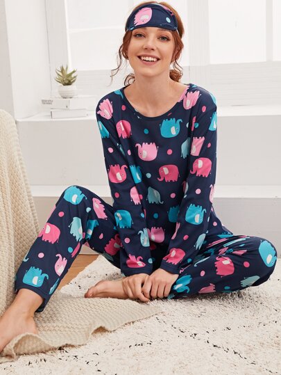 Cartoon Elephant Graphic PJ Set With Eye Mask