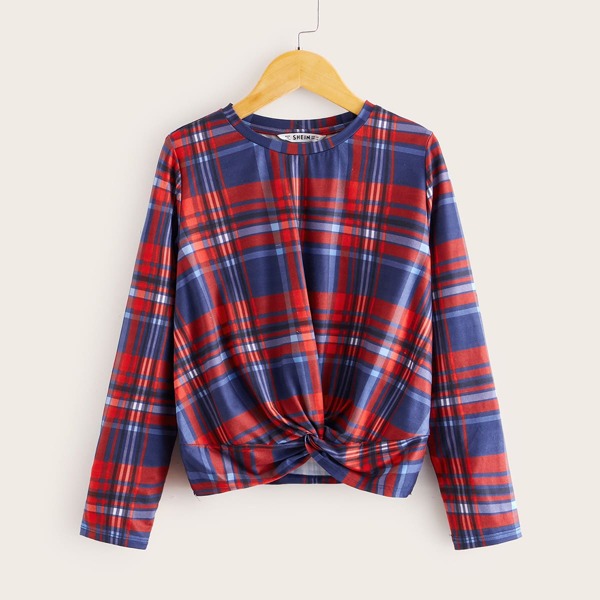 

Girls Twist Front Tartan Print Tee, Multicolor