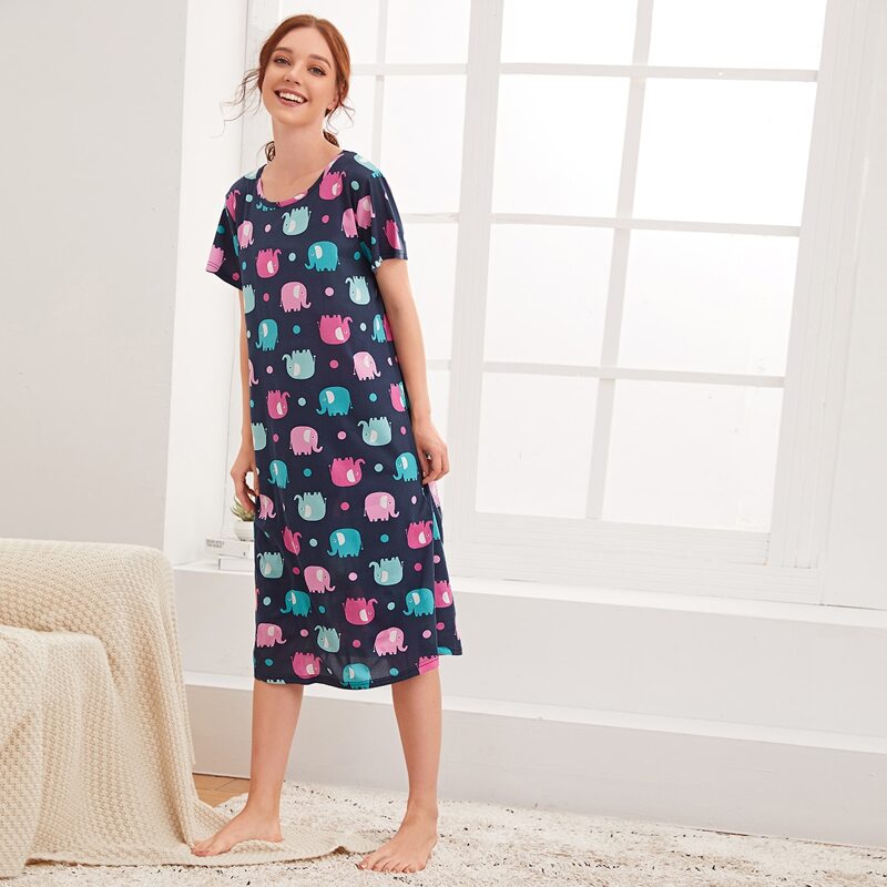 

Cartoon Elephant Graphic Night Dress, Multicolor